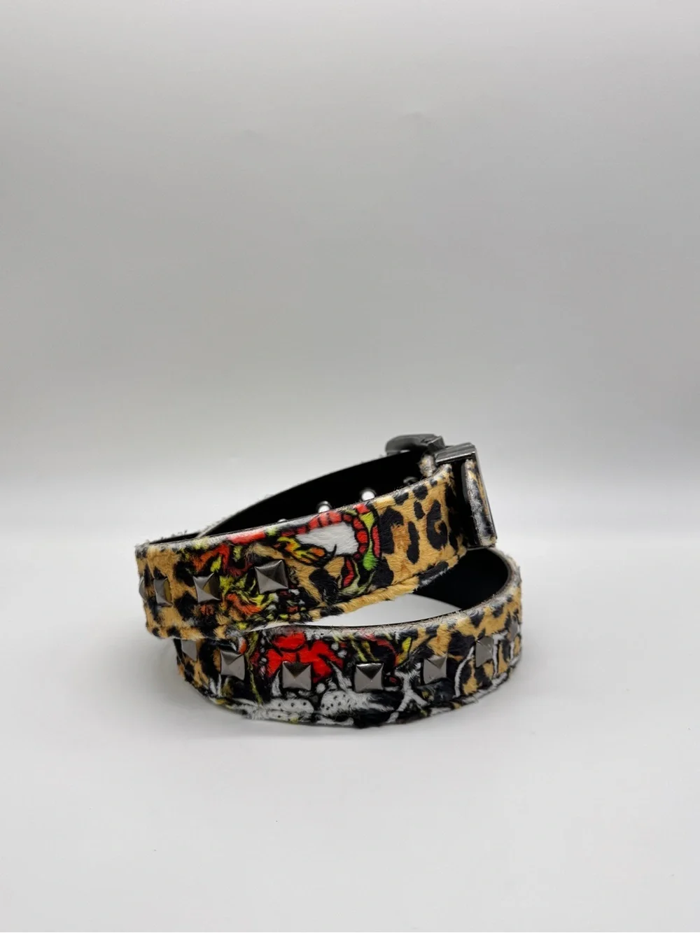 Ed Hardy Belt Size 34 Tiger Leopard Print Studded Faux Fur Rhinestone Buckle NWT